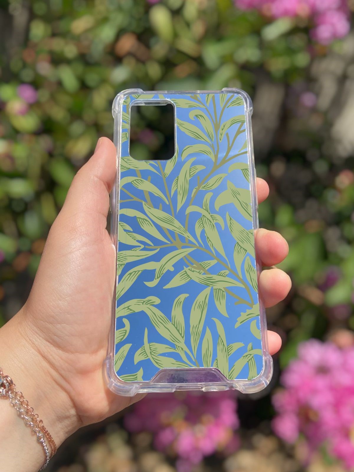 Oppo A74 Uyumlu Aynalı Yeşil Yaprak Desenli Darbe Kamera Korumalı Silikon Telefon Kılıfı