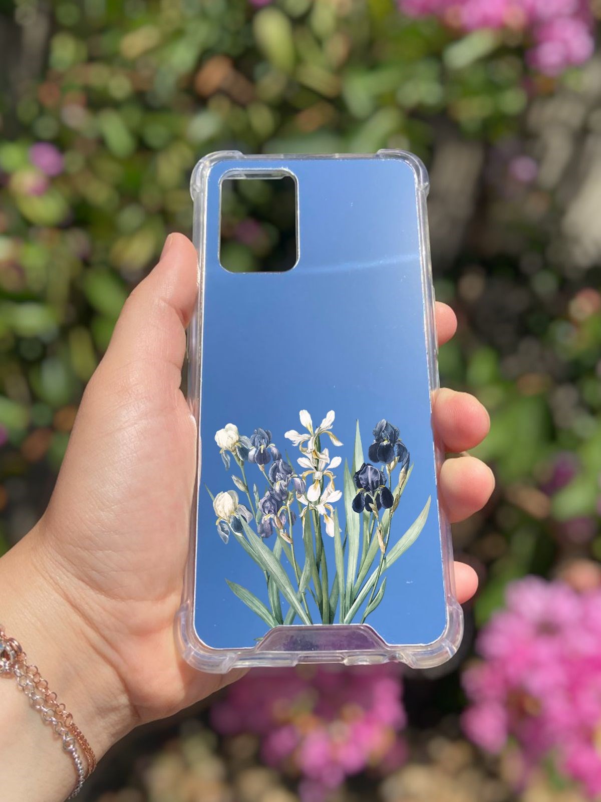 Oppo A74 Uyumlu Aynalı Mor Beyaz Desenli Darbe Kamera Korumalı Silikon Telefon Kılıfı