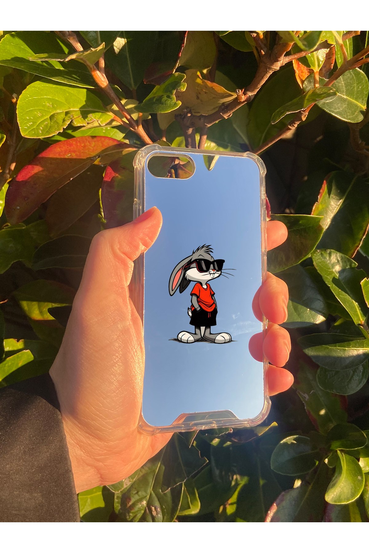 İphone SE 2022 Uyumlu Aynalı Tavşan Desenli Darbe Kamera Korumalı Silikon Telefon Kılıfı