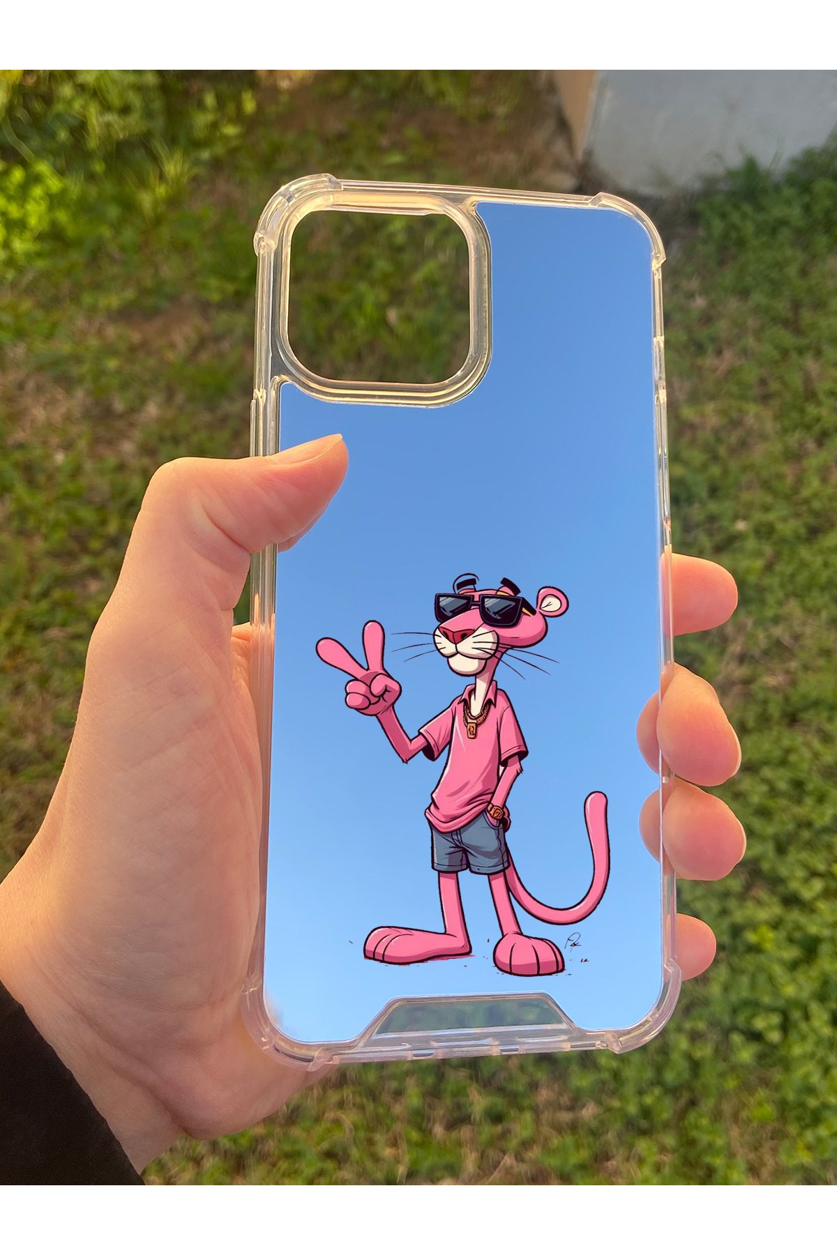 İphone 15 Pro Max Uyumlu Aynalı Pembe Panter Desenli Darbe Kamera Korumalı Silikon Telefon Kılıfı