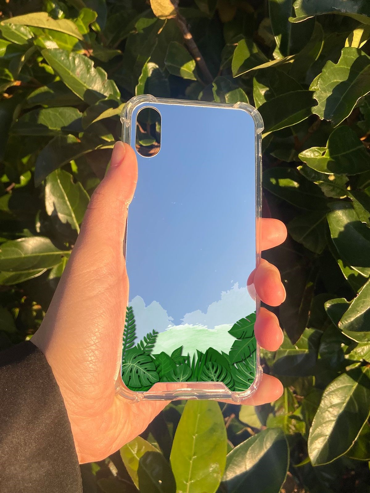 İphone XS Uyumlu Aynalı Yaprak Desenli Darbe Kamera Korumalı Silikon Telefon Kılıfı