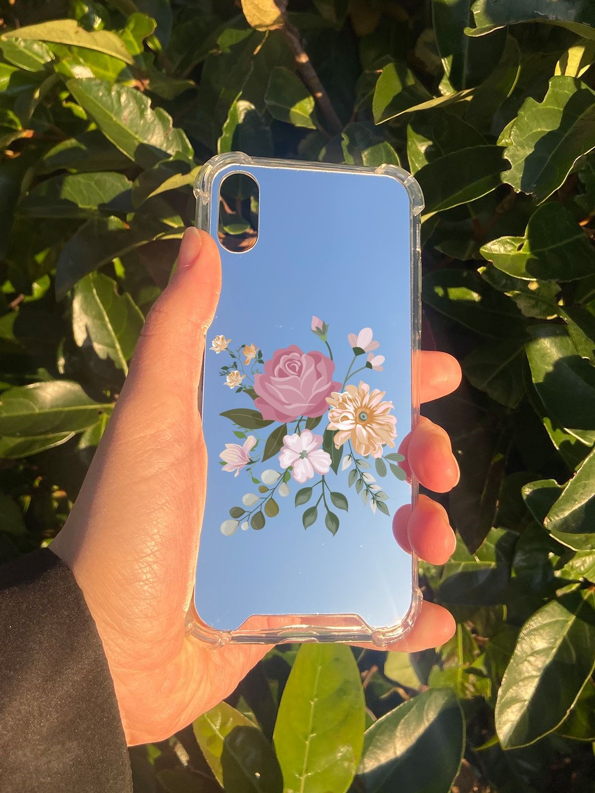 İphone X Uyumlu Aynalı Pembe Gül Desenli Darbe Kamera Korumalı Silikon Telefon Kılıfı