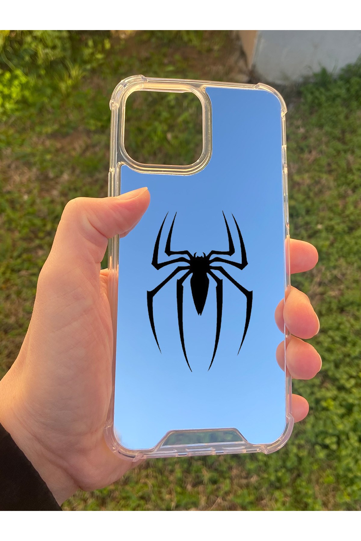 İphone 15 Pro Max Uyumlu Aynalı Örümcek Desenli Darbe Kamera Korumalı Silikon Telefon Kılıfı