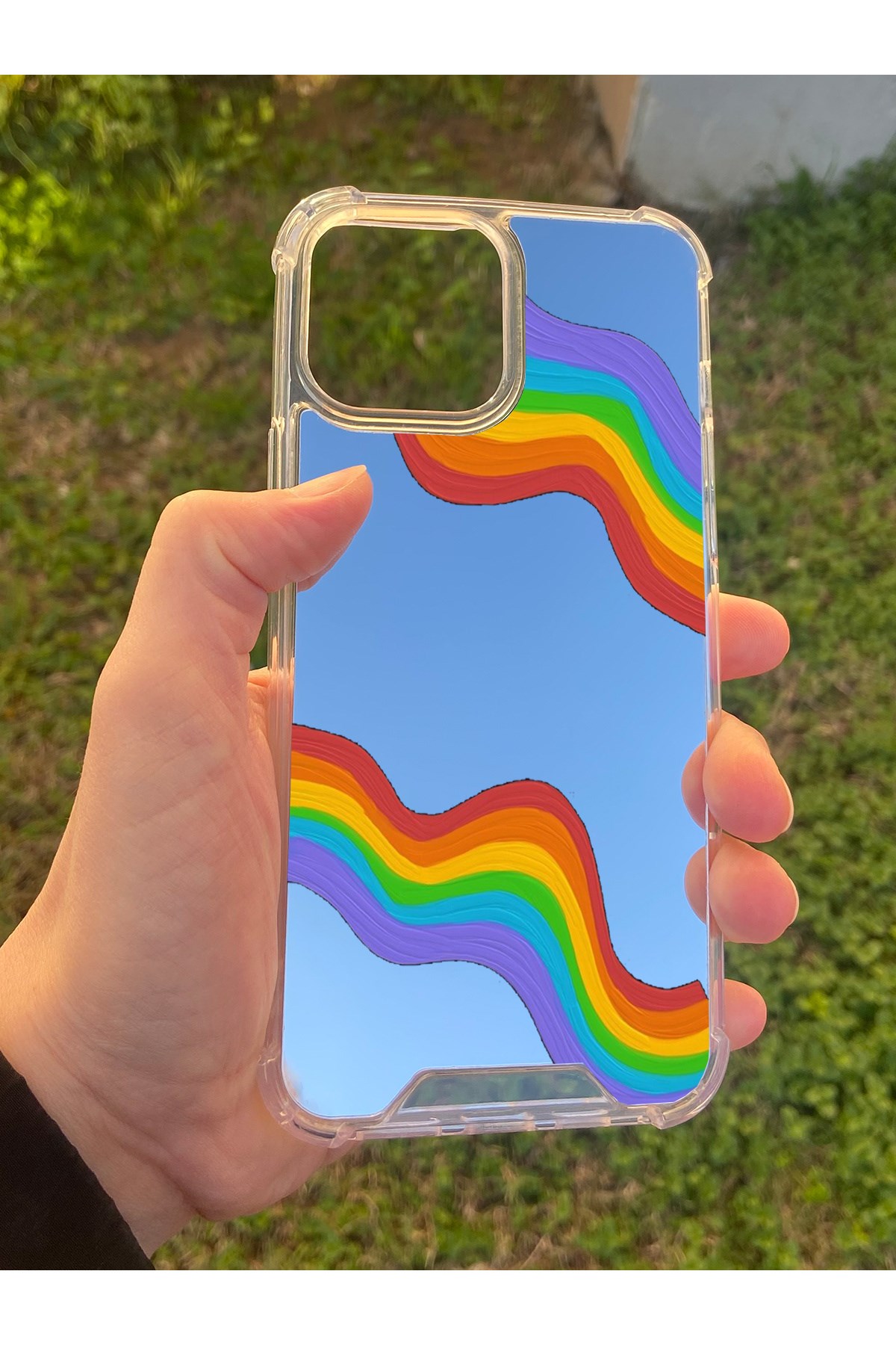 İphone 15 Pro Max Uyumlu Aynalı Gökkuşağı Desenli Darbe Kamera Korumalı Silikon Telefon Kılıfı