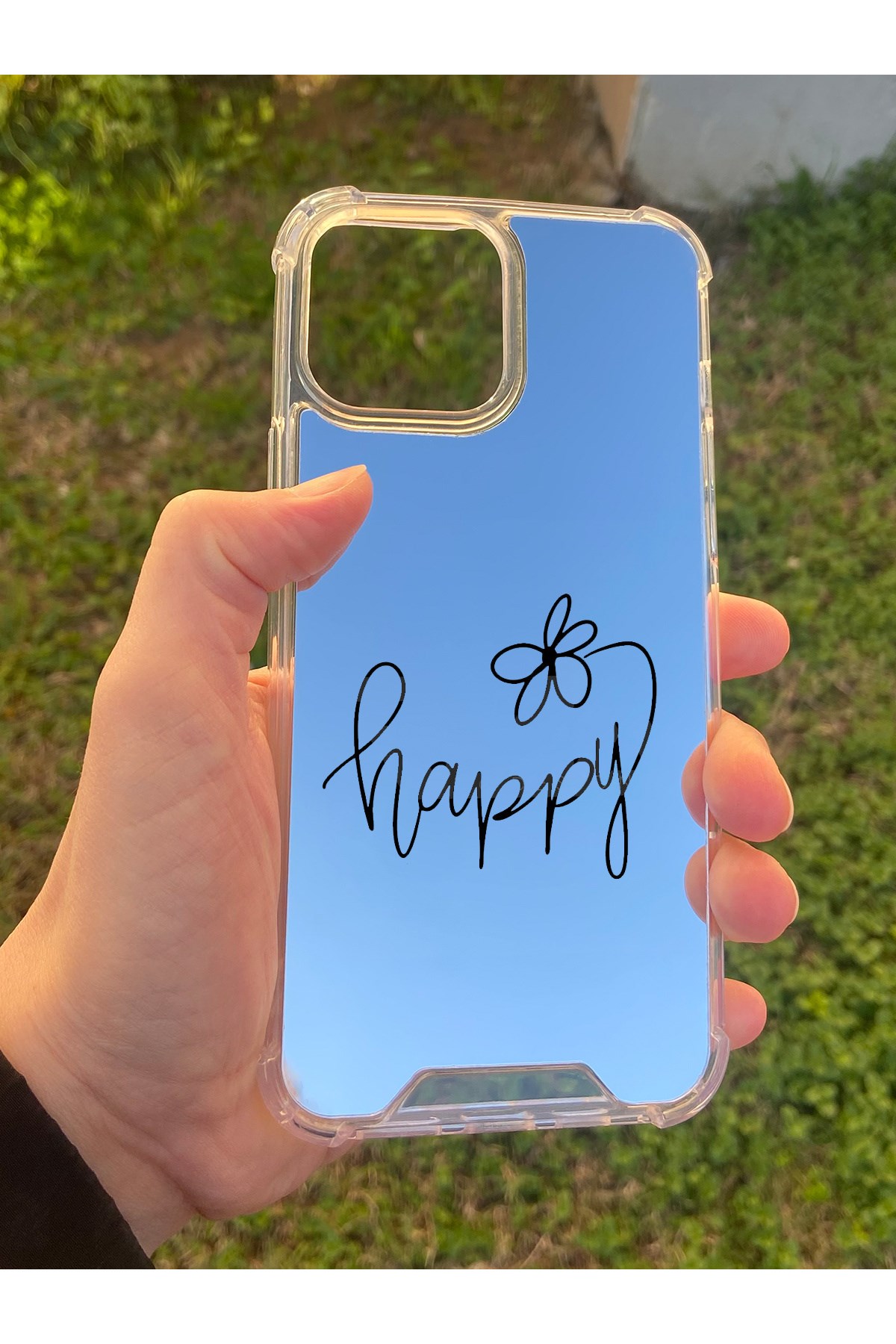 İphone 15 Pro Max Uyumlu Aynalı Happy Desenli Darbe Kamera Korumalı Silikon Telefon Kılıfı