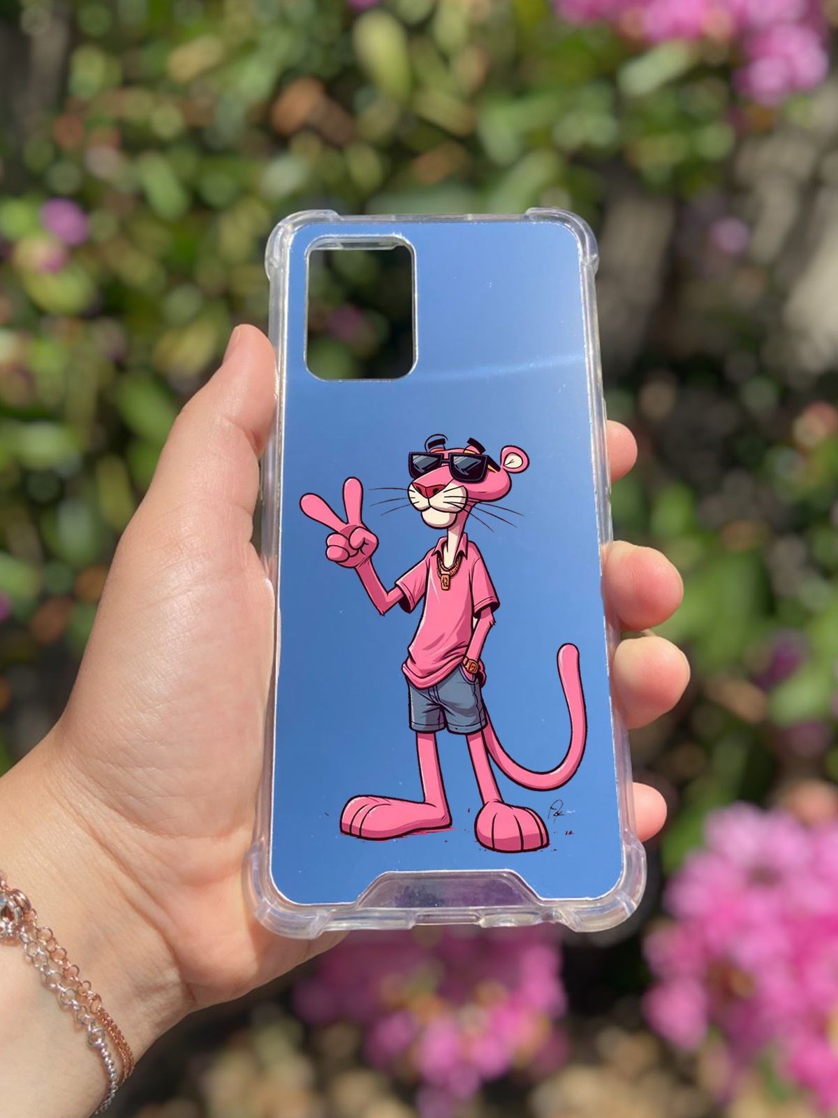 Oppo A74 Uyumlu Aynalı Pembe Panter Desenli Darbe Kamera Korumalı Silikon Telefon Kılıfı