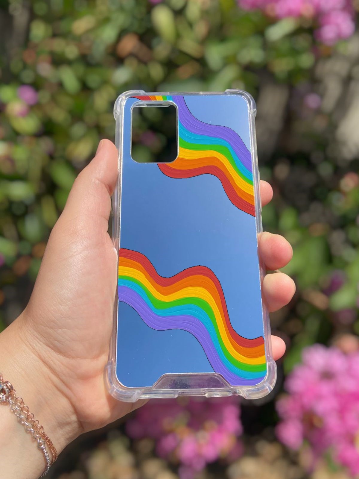 Oppo A74 Uyumlu Aynalı Gökkuşağı Desenli Darbe Kamera Korumalı Silikon Telefon Kılıfı