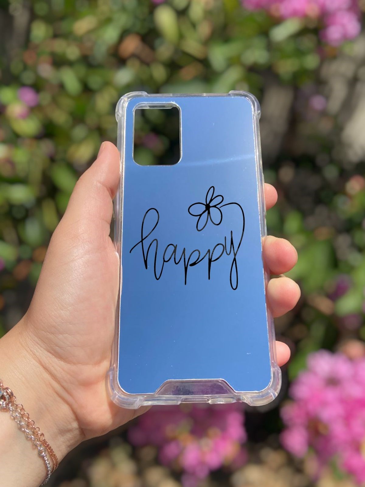 Oppo A74 Uyumlu Aynalı Happy Desenli Darbe Kamera Korumalı Silikon Telefon Kılıfı