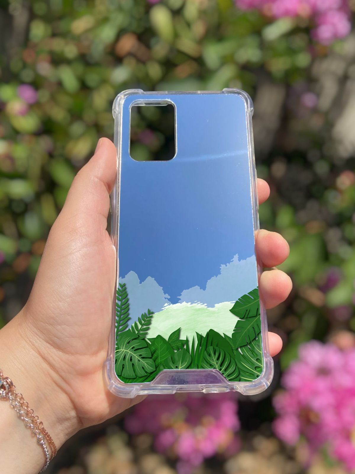 Oppo A74 Uyumlu Aynalı Yaprak Desenli Darbe Kamera Korumalı Silikon Telefon Kılıfı